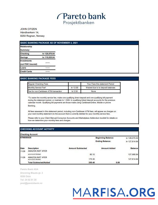 Printable Norway Pareto bank statement excel real example